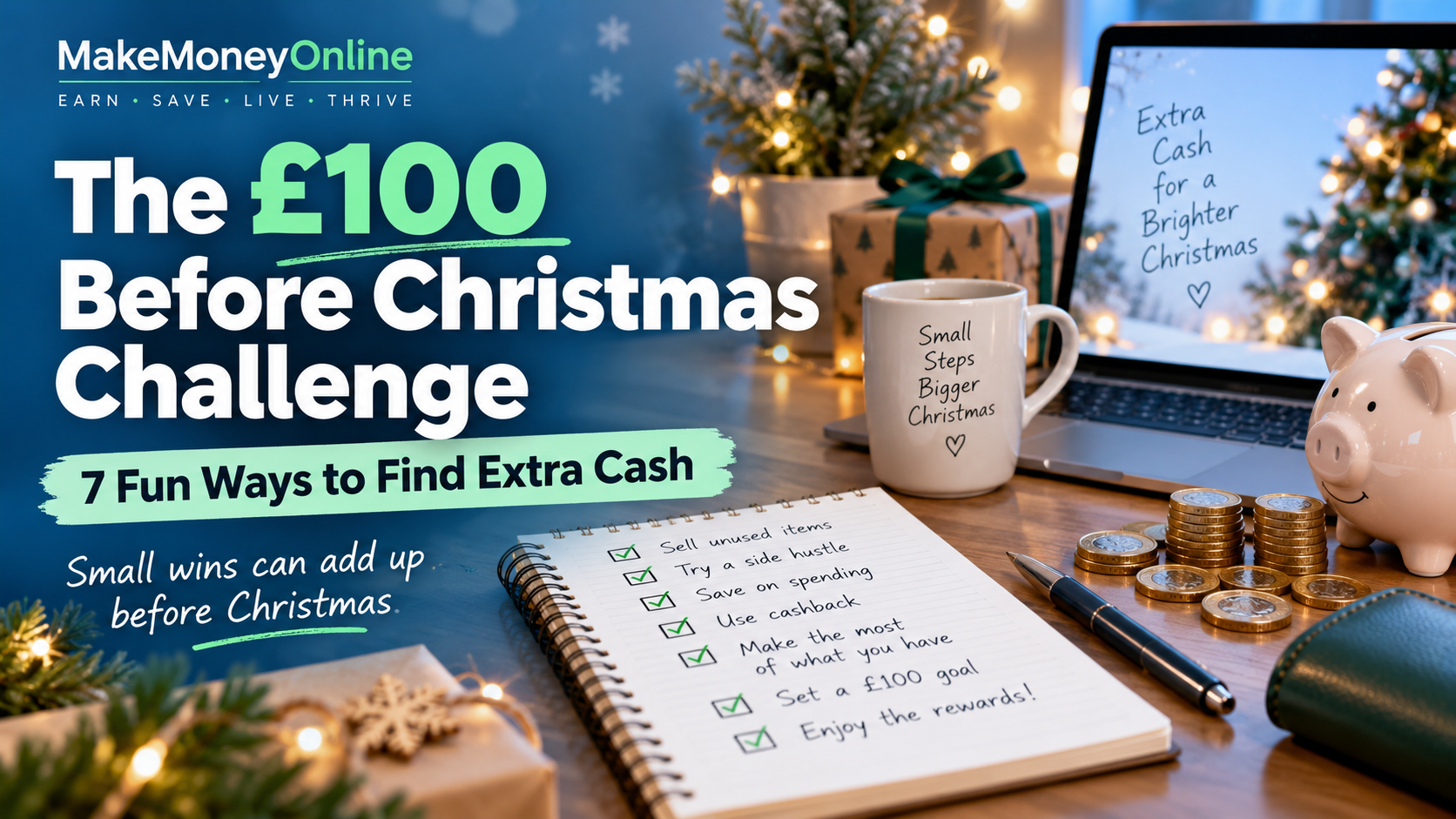 The £100 Before Christmas Challenge graphic featuring a laptop, piggy bank, pound coins and festive decorations.