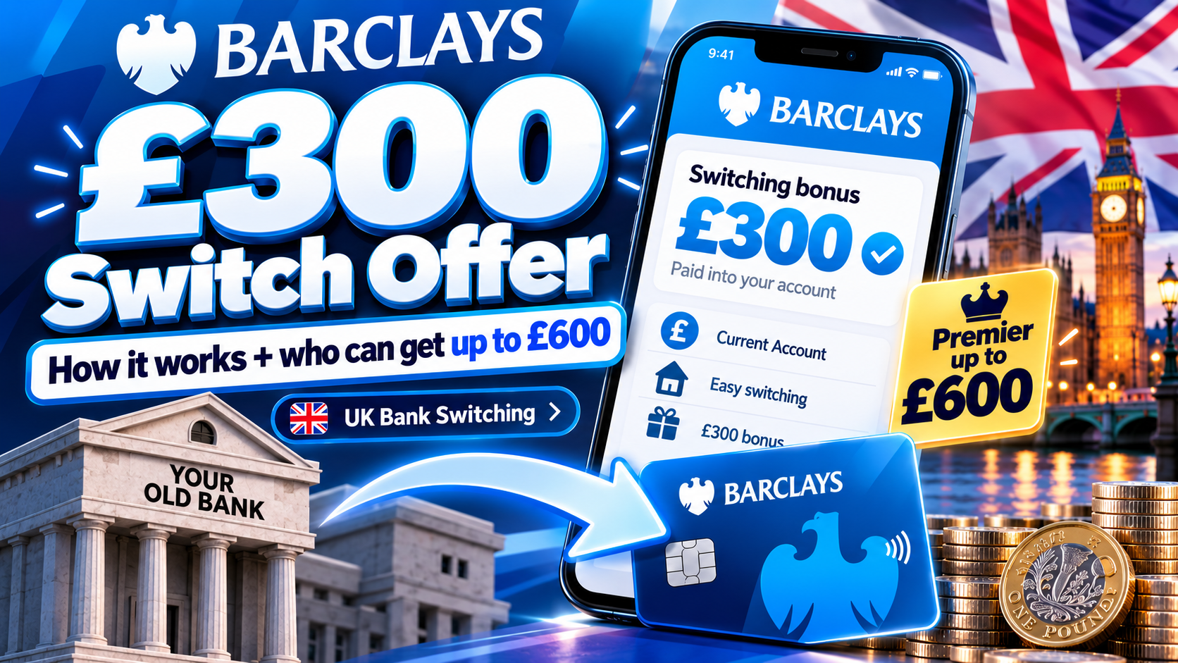Barclays £300 bank switch offer with Barclays card, mobile app and UK banking imagery.