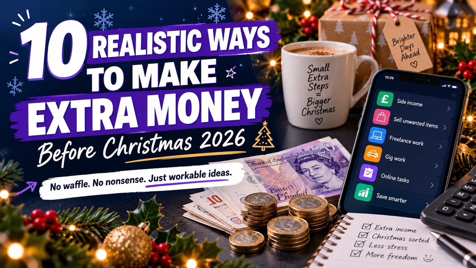 Christmas-themed MMOnline featured image showing 10 realistic ways to make extra money before Christmas, with cash, coins, a smartphone and festive decorations.