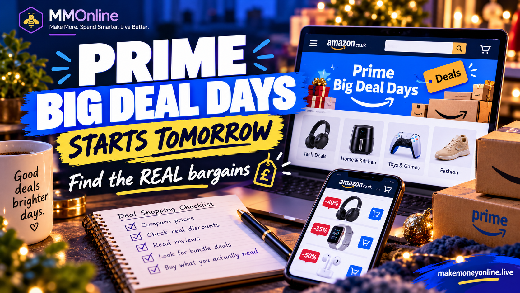 Amazon Prime Big Deal Days 2026 featured image showing online shopping deals, Amazon boxes and a bargain checklist