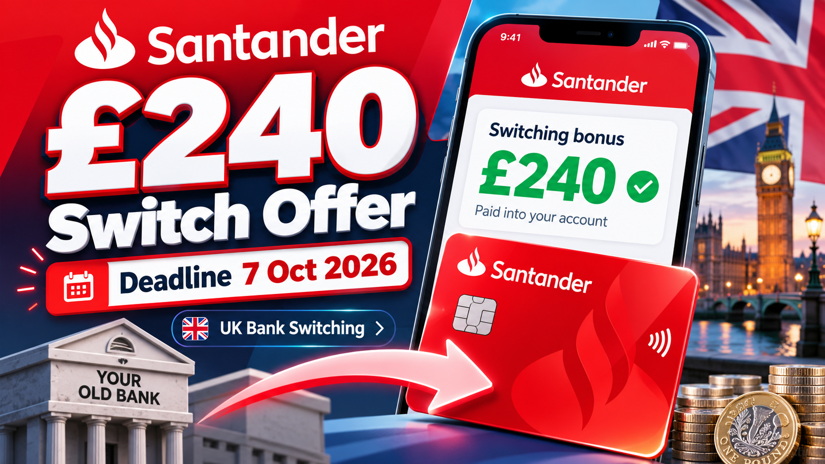 Santander £240 bank switch offer with 7 October 2026 deadline