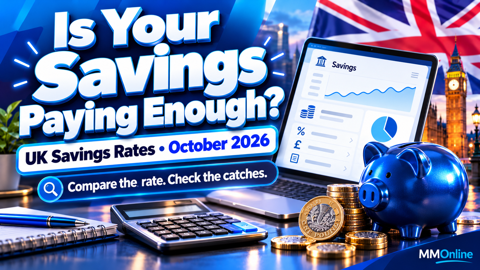 Blue graphic titled “Is Your Savings Paying Enough?” with a laptop, calculator, blue piggy bank and pound coins.