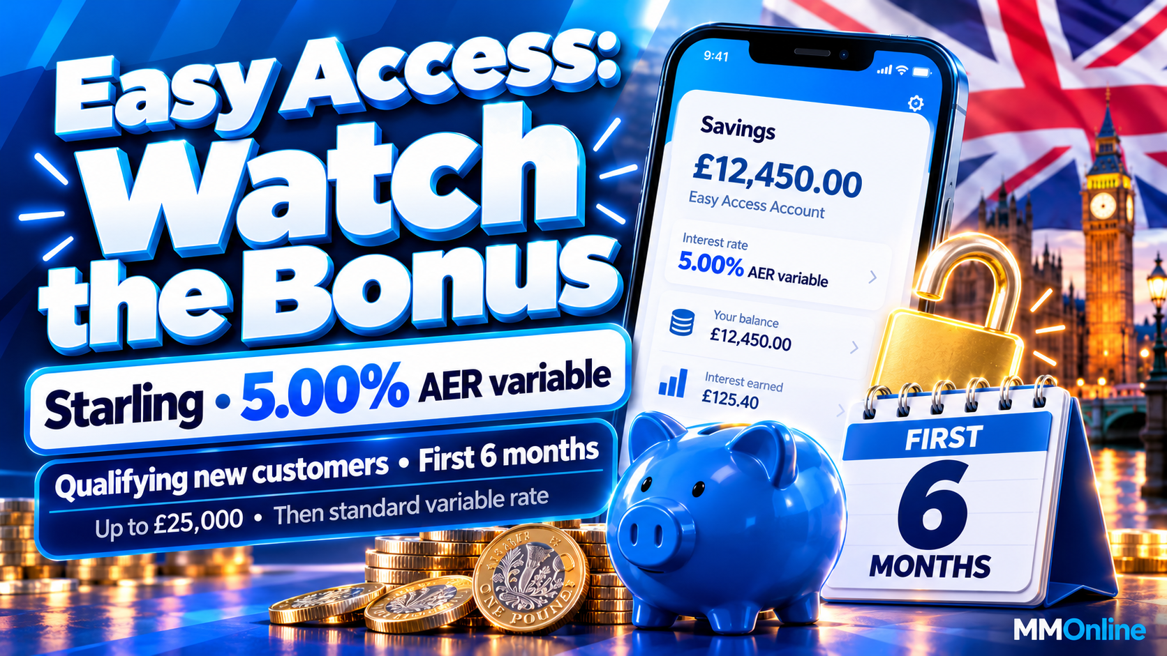 Starling Easy Saver 5.00% AER variable offer with a six-month bonus, calendar and open lock