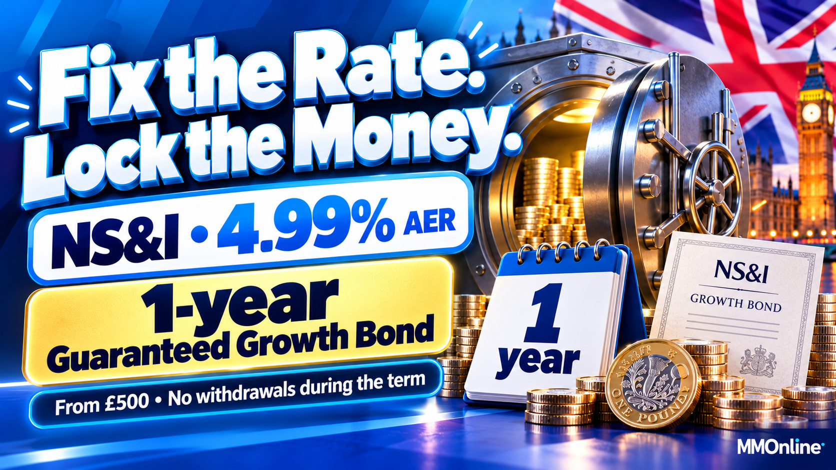 NS&I one-year Guaranteed Growth Bond at 4.99% AER with a vault, calendar and coins