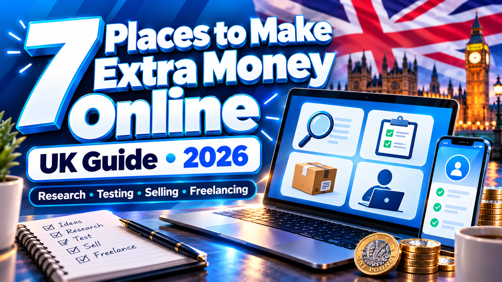 Blue graphic titled “7 Places to Make Extra Money Online”, with a laptop, smartphone and symbols for research, testing, selling and freelancing.