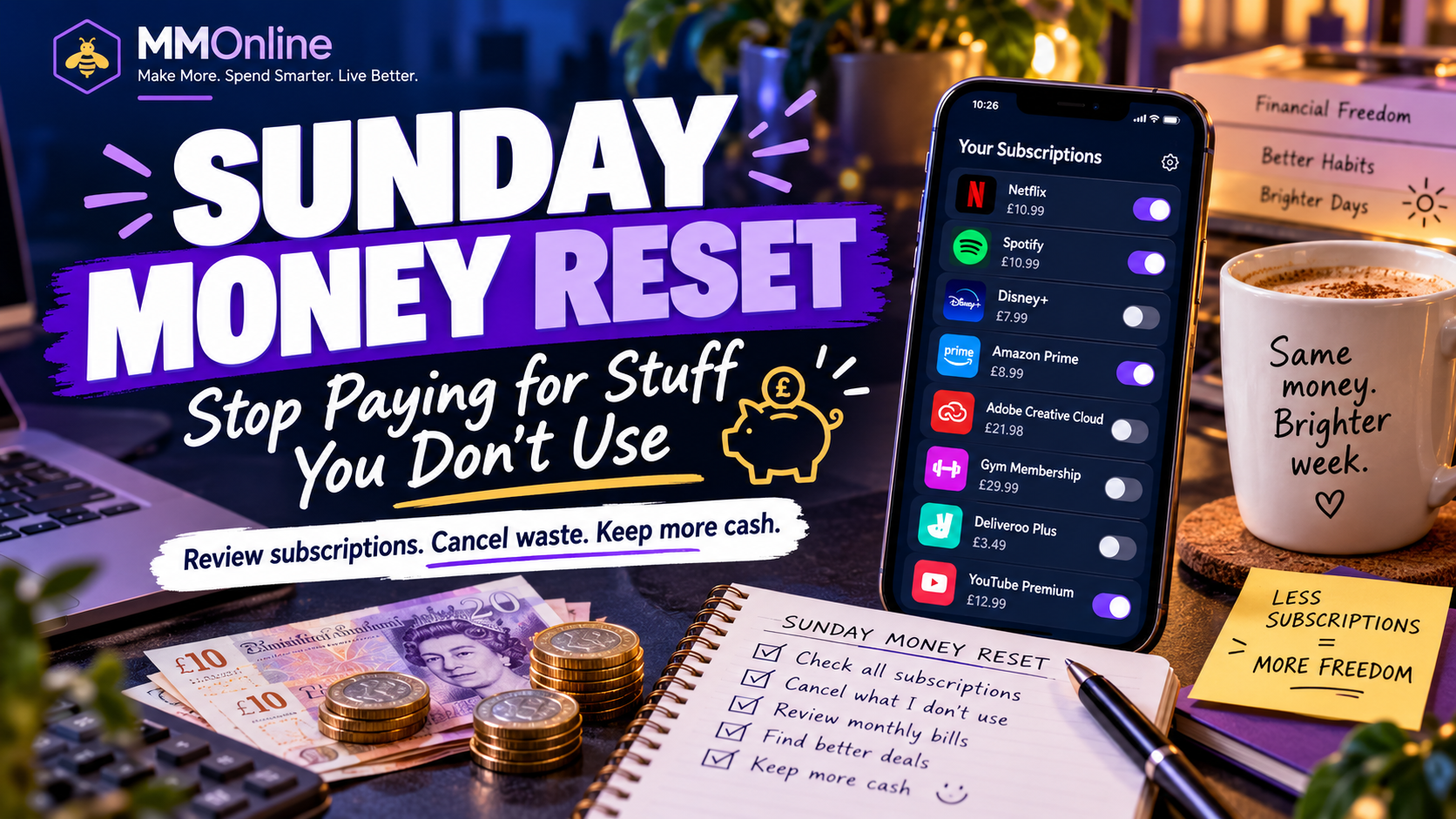 Sunday Money Reset guide to reviewing and cancelling unused subscriptions to save money